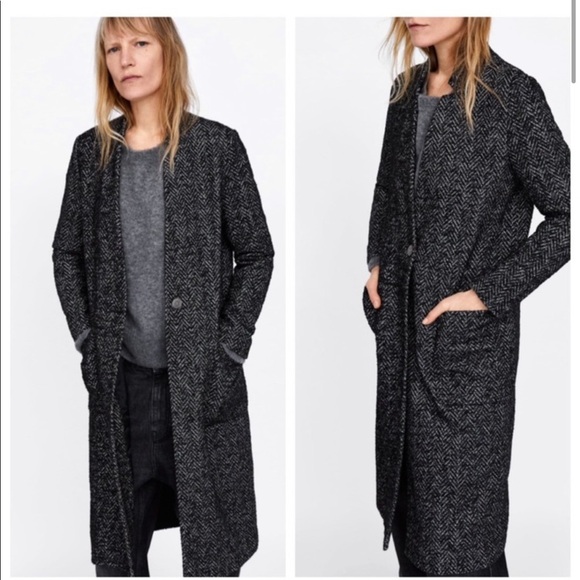 ZARA Inverted Lapel Herringbone Coat - Picture 2 of 16